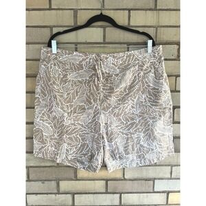 Talbots Linen Cotton Blend Tropical Leaf Print Shorts Tan White Size 16